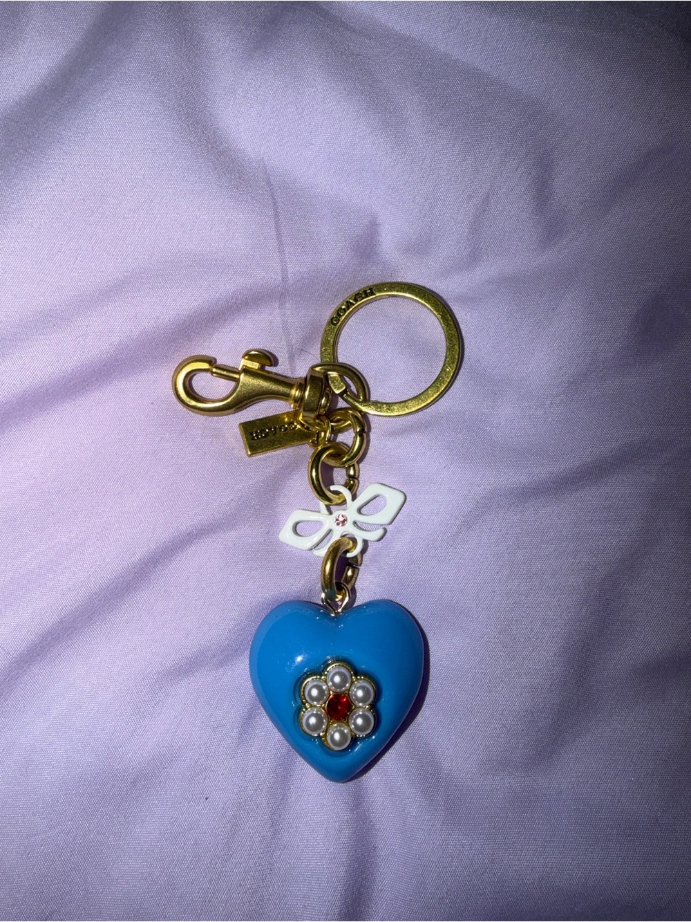 Coach Gold-Tone Keyring with Blue Heart and White Bow